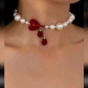 Pearl and Red Heart Necklace
